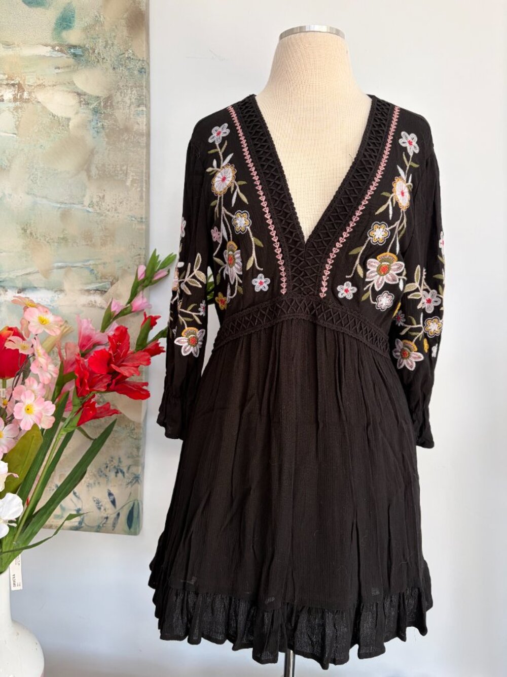 Audrey Parks x Francesca's Black Embroidery Mini Dress Size M